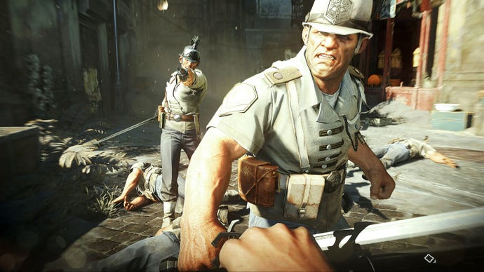 Guards squinting in bright sunlight chase down and confront the player, brandishing swords and pistols.