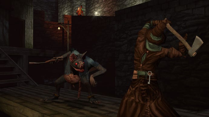 A watchman swings an axe with an overhead swing at a humanoid bat creature.